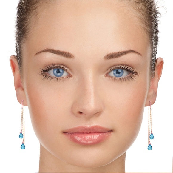 GOLD THREADED DANGLES EARRINGS WITH BLUE TOPAZ - Picture 2 of 5